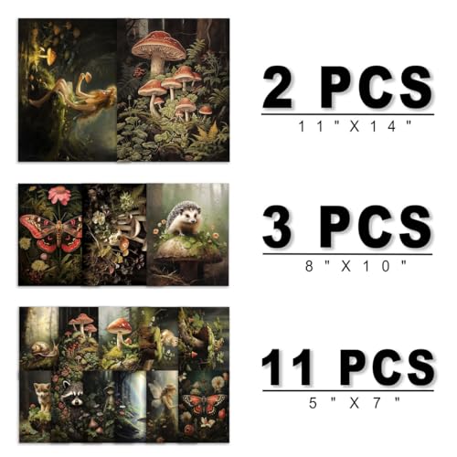ANERZA 16 PCS Dark Cottagecore Wall Art Decor, Cottage Core Gallery Wall Prints for Bedroom, Fairycore Posters for Living Room Aesthetic, Nature Forest Mushroom Collage Kit, Whimsical Dorm Home Decor - color: DarkOliveGreen, size: 11"x14" Unframed