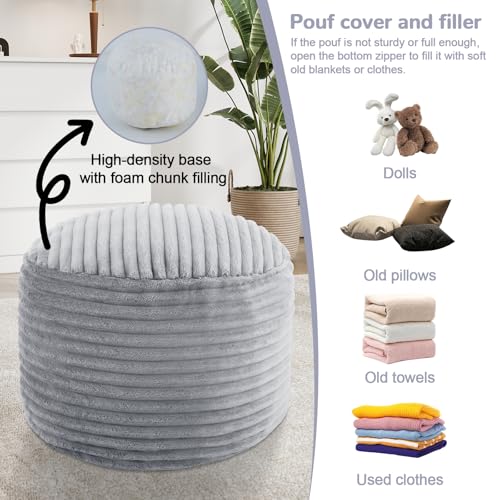 MeMoreCool Stuffed Round Pouf Ottoman Foot Rest, Soft Plush Floor Pouf Foot Stool, Corduray Footstool Footrest, Small Round Ottoman for Living Room Couch Sofa Chair, 20x15 Inch Grey - color: Ribbed Light Grey