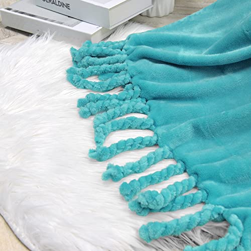 Throw Blankets Couch Cover Flannel Fleece Throw with Braided Rope Fringe Tassels, Plush Cozy Warm Soft Smooth Throw for Couch Sofa Bed Chair Home Décor, 50" x 60", Blue - color: Blue, size: 50" x 60"