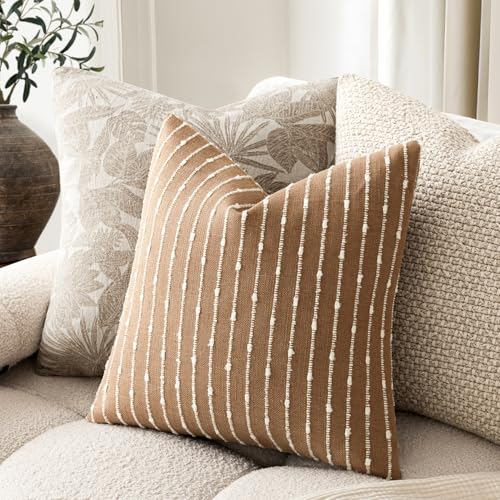 Foindtower Pack of 2 Decorative Jacquard Boucle Throw Pillow Covers Accent Textured Striped Pillowcases Soft Boho Modern Cushion for Couch Sofa Bedroom Living Room Home Decor 20x20 Inch Rust Tobacco - color: Tobacco, size: 20" x 20" (Pack of 2)