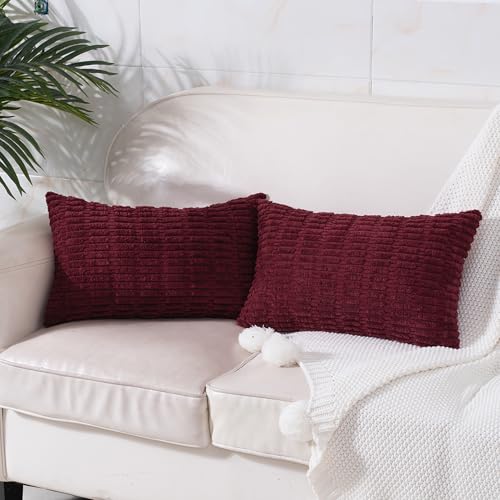 Pack of 2 Burgundy Corduroy Decorative Lumbar Throw Pillow Covers 20x12 Inch Soft Boho Striped Pillow Covers Modern Farmhouse Home Decor for Sofa Living Room Couch Bed - color: Burgundy, size: 20" x 12" (Pack of 2)