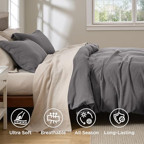 Bedsure Textured Duvet Cover King Size, Soft & Breathable Comforter Cover for All Season, 3 Pieces Wrinkle-Resistant Zipper Bedding with 8 Corner Ties, Dark Grey - color: 10 - Dark Grey (No Comforter), size: King (104" X 90")