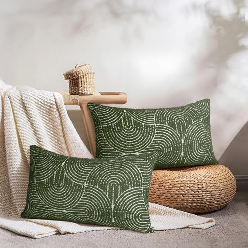 AELS Boho Decorative Textured Lumbar Pillow Covers 12x20, Modern Mid Century Rainbow Tufted Lumbar Pillow Case, Farmhouse Rustic Geometric Woven Cushion Case for Bed Couch Sofa, Olive Green - color: Olive Green, size: 20" x 12" (Pack of 2)