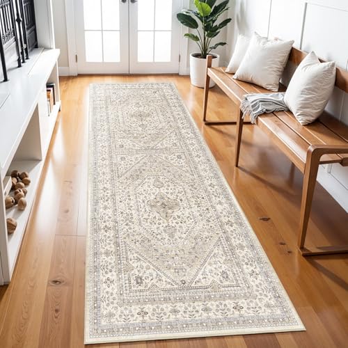 3x8 Runner Rug for Hallway Washable: Non Slip Kitchen Rugs with Rubber Backing Soft Waterproof Mats Stain Resistant Indoor Vintage Carpet Runner for Bedroom Bathroom Laundry Entryway Beige/Gray - color: Beige/Gray, size: 3' x 8' (Rectangular)
