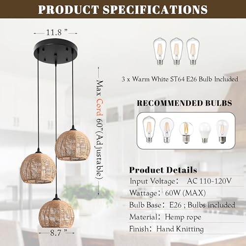 3-Light Mini Hemp Rope Woven Pendant Light Kitchen Island,3 Dome Hand Woven Boho Rattan Chandelier Farmhouse Wicker Ceiling Light,rustic Light Fixture For Living Room Hallway Dining Room(Bulb Incl. - color: 11.8" Natural 3-Light