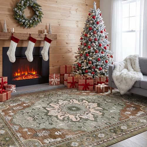 9x12 Area Rugs for Living Room, Machine Washable Boho Vintage Rug, Waterproof Surface & Non-Slip Backing, Foldable Soft Low Pile Floral Medallion Carpet for Bedroom Dining Room - color: Green/Orange, size: 9' x 12' (Rectangular)