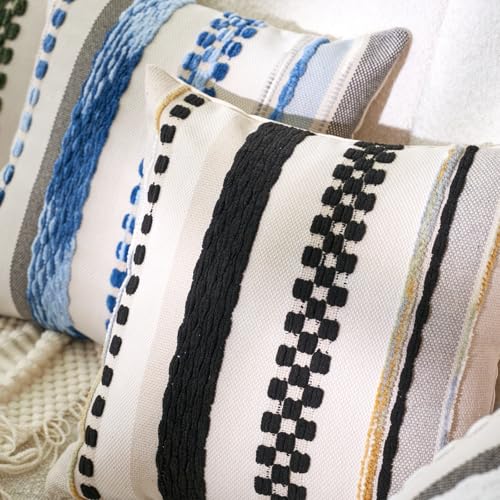 Aeckself Boho Throw Pillow Covers 18x18 Inch Set of 2, Farmhouse Decorative Striped Square Pillow Covers Chenille Tufted Pillow Cases Accent Neutral Pillowcase for Living Room Couch Bed, Black - color: Black