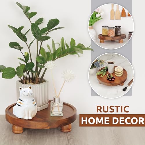 Demigo 10" Acacia Wood Round Tray - Decorative Plant Stand, Farmhouse Countertop Organizer, Multi-Purpose Display Pedestal, Riser Board for Soap, Perfume, Candles, Sponge, Bathroom, Kitchen - color: Brown