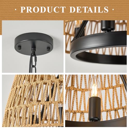 Boho Woven Chandeliers Hand Rattan Ceiling Pendant Lighting Rustic 4-Light 18" Hanging Light Fixture for Dining Room, Hallway, Entryway, Kitchen,Bedroom, E12 - size: Trapezoid-17.7''-V