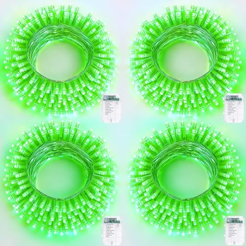Pooqla 4 Pack String Lights Battery Operated, Total 66.6ft 200 LED Fairy Lights Indoor Outdoor Decorations, 8 Modes Green Battery Christmas Lights for ST Patrick's Day Halloween Porch Party Yard Decor - color: Green, size: 50 LED x4
