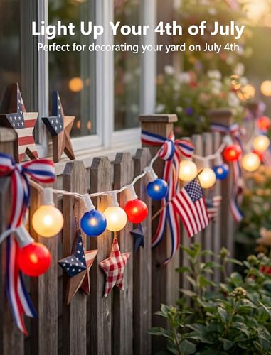 SUNSGNE Red White Blue 4th of July Patriotic Decorative Lights 50FT Outdoor String Lights with 27 G40 LED Bulbs(2 Spare) for Outdoor Indoor Holiday, Party, Independence Day Decor - color: Frosted Red White Blue, size: 50FT
