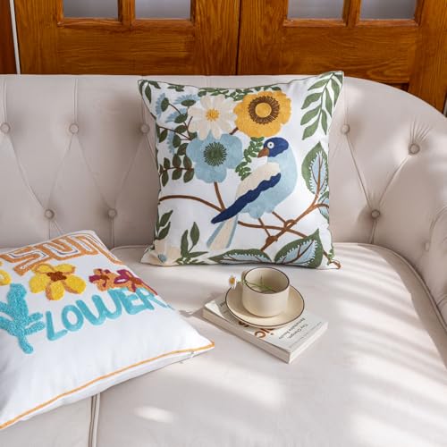 YIcabinet Pack of 2 Throw Pillow Covers,Flower and Bird Pattern Embroidered Pillow Case Soft Decorative Pillowcases for Home Sofa Couch 18x18 Inch - color: White16
