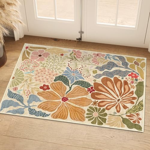 MUJOO 2x3 Washable Rug Floral Small Area Rugs for Entryway Kitchen Bathroom,Non Slip Throw Carpet for Bedroom Entrance Door Mat Boho Modern Abstract Botanical Flower Beige - color: Beige, size: 2' x 3' (Rectangular)