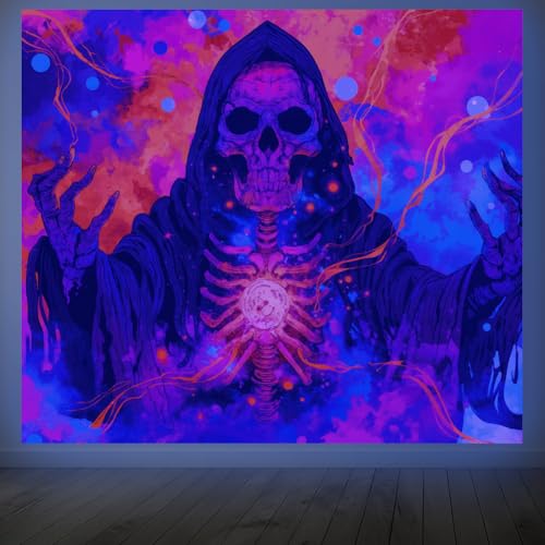 CRAFTYMELODY Reaper Blacklight Tapestry Glow in the Dark Tapestry UV Reactive Neon Reaper Skull Forest Wall Hanging 59×51 Inch with Hook Self Adhesive Sticker Clip for Bedroom Home Wall Decoration - color: Skull