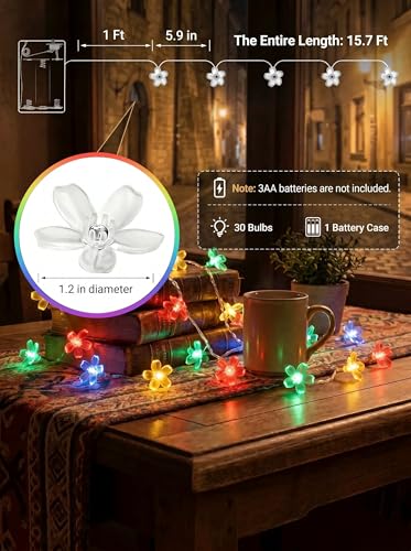 Flower Battery Operated Indoor String Lights 30LED Cherry Blossom Fairy String Lights Waterproof Outdoor for Garden Fence Party Camping Birthday Wedding Room Home Decoration Multicolor - color: Multicolor