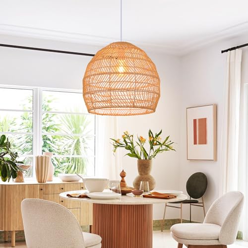 Arturesthome 15.7" Rustic Woven Pendant Ceiling Light Fixture,Rattan Chandeliers Hanging Light for Farmhouse Home Decro Kitchen Island Dinning - color: Rattan, size: 15.7in*13.78in