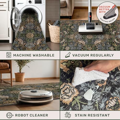 Hazo Haus Vintage Floral Area Rug 5x7 for Living Room - Dark Green Forest Bird Rugs for Bedroom, Dining Room, Office, Non Slip Stain Resistant Low Pile - color: Dark Green / Brown, size: 5' x 7' (Rectangular)