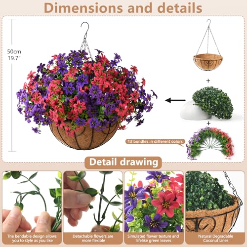 ZFProcess Artificial Flowers Hanging Baskets, Multicolor 12 Bundles Faux Flower Outdoor Hanging Basket Spring Summer Decoration, Fake Flowers Plants for Porch Patio Balcony Home Yard Decor (Fuchsia) - color: Peach Red