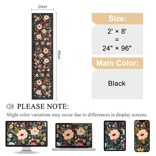 DUKINO 2x8 Runner Rug for Hallway, Washable Kitchen Runner Rug with Rubber Backing Non Slip, Low Pile Soft Boho Floral Thin Carpet for Entryway, Hallway, Bathroom, Laundry Room, Black - color: Black, size: 2' x 8' (Rectangular)