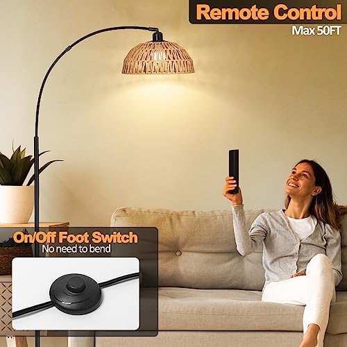 Brilvibera Boho Floor Lamp with Remote- Arc Tall Lamps, Bronze Floor Lamps with Stepless Dimmable Bulb, Hand-Worked Adjustable Rattan Lampshades, Brown Rattan Standing Lamp - style: Bronze Rattan Arc Lamp