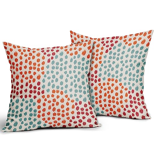 Blue Orange Red Pillow Covers 16x16 Set of 2 Fall Colored Art Dot Decorative Throw Pillows Trendy Print Outdoor Pillowcase Holiday Seasonal Cushion Cover Linen Pillow Case Decor for Sofa Couch Bed - color: Blue Orange Red Dots, size: 16" x 16" (Pack of 2)