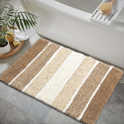 Chardin home Cordural Stripes Bath Mat, Set of 2 Bath Rugs (17x24 Inches & 21x34 Inches) | Non Slip Bathroom Rug, Machine Washable, Plush, Highly Absorbent | Tan - Brown - color: Tan - Brown
