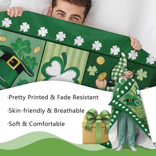 Happy St Patricks Day Flannel Throw Blanket, Lucky Charm Shamrock Clover Gnome Truck Top Hat Birthday Gifts for Kids Men Women, Irish Spring Gold Coins Soft Blankets for Bedding Sofa 50" x 60" - color: Happy St Patricks