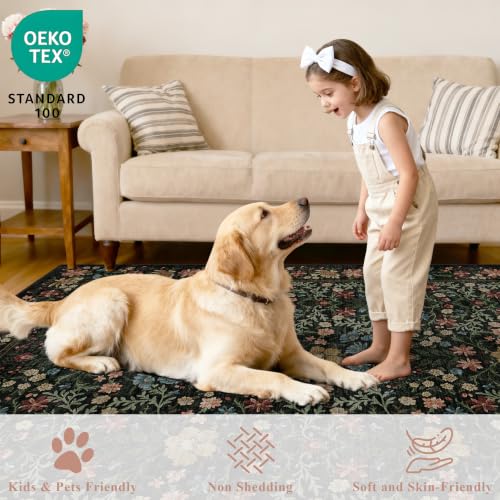 DUKINO 2x3 Entryway Rug, Floral Washable Area Rug with Non Slip Indoor Door Mat, Vintage Low Pile Small Front Door Throw Carpet for Kitchen, Entrance, Bathroom, Bedroom, Black - color: Black, size: 2' x 3' (Rectangular)