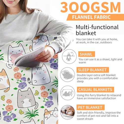 Throw Blanket for Couch, 300GSM Warm Soft Cozy Flannel Blanket, Cute Blanket for All Seasons Bedroom Home Decor Gifts, Cute Flower Cats 50x60 Inches - color: Cute Flower Cats