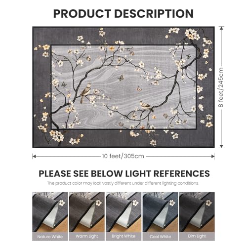 8x10 Area Rugs for Living Room, Oriental Floral Birds Large Washable Rug for Bedroom, Soft Low Pile Non Slip Carpet for Dining Room Kids Room Farmhouse Office Home Decor, Grey - color: Grey, size: 8' x 10' (Rectangular)