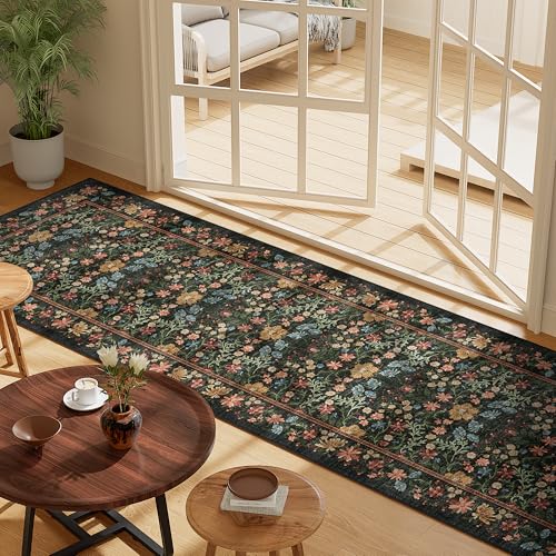 DUKINO 2.6x8 Runner Rug for Hallway, Washable Vintage Floral Kitchen Rug with Non Slip Backing, Soft Low Pile Throw Carpet Runner for Kitchen, Laundry, Hallway, Bathroom, Black - color: Black, size: 2'6" x 8' (Rectangular)