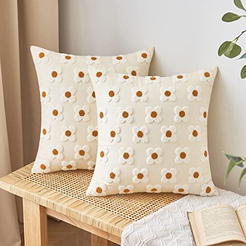 EMEMA Decorative Throw Pillow Covers Sun Flower Jacquard Pillowcase Cushion Case Square for Couch Sofa Bed Living Room Bedroom Set of 2, 16x16 Inch, Beige - color: A-beige, size: 16" x 16" (Pack of 2)
