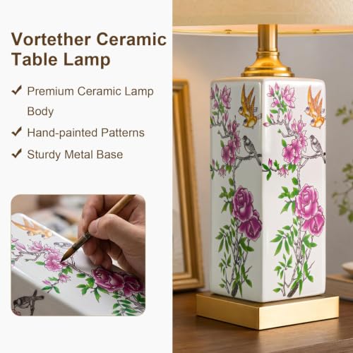 24.75" Mid Century Modern Lamp Set of 2,Vintage Farmhouse Chinoiserie Ceramic Table Lamps,Floral & Bird Pattern Bedside Lamps for Bedroom Living Room Nightstand Side Table,White & Gold - style: Floral & Bird Print
