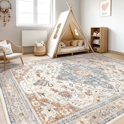 8x10 Area Rugs Living Room: Washable Boho Large Neutral Vintage Soft Rug Stain Resistant Distressed Farmhouse Non-Slip Indoor Floor Carpet for Bedroom Nursery Kids Office Dining Room- Beige Blue - color: Beige Blue, size: 8' x 10' (Rectangular)