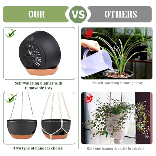 Hanging Planters for Outdoor Indoor Plants, 2 Pack 12 Inch Hanging Basket Plants Outdoor, Self Watering Hanging Planter with Plant Hanger for Garden Home Decoration (Black) - color: Black, size: 12 Inch