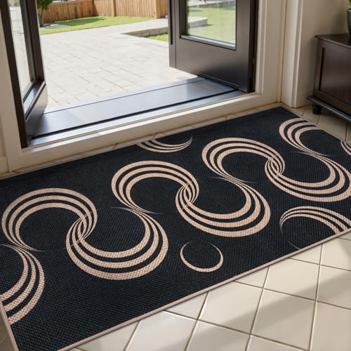 Tangsoo Easy Jute 2x4 Small Throw Rugs for Entryway,Washable Thin Indoor Outdoor Door Mat,Black Non-Slip Indoor Floor Small Carpet for Entrance Kitchen Hallway Bedroom Front Porch - color: Black Arc, size: 2x4ft