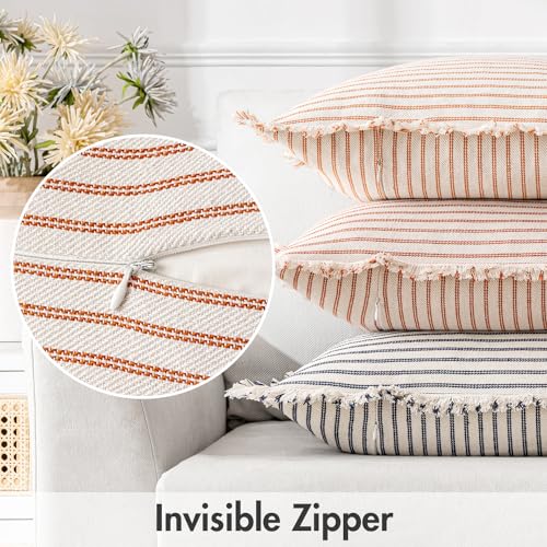 MIULEE Pack of 2 Rust Pillow Covers 18x18 Inch Striped Farmhouse Couch Throw Pillow Covers with Fringe Chic Linen Decorative Cushion Covers for Sofa Living Room Bed Outdoor Home Decor - color: Rust, size: 18" x 18" (Pack of 2)