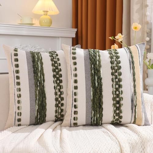 Green Throw Pillow Covers 18x18 Set of 2 Boho Tufted Pillow Covers Striped Decorative Pillow Cases Chenille Pillow Cases Farmhouse Cushion Case Nuetral Textured Pillow Cover Home Decor - color: Dark Green Stripe, size: 18" x 18" (Pack of 2)