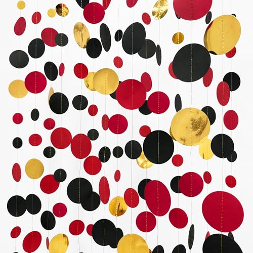 Gold Black Red Party Decorations Circle Dots Streamer Hanging Paper Polka Dots Garland for Graduation Birthday Wedding Anniversary Baby Shower Holiday Pirate Poker Casino Las Vegas Party Supplies - color: Black Gold Red
