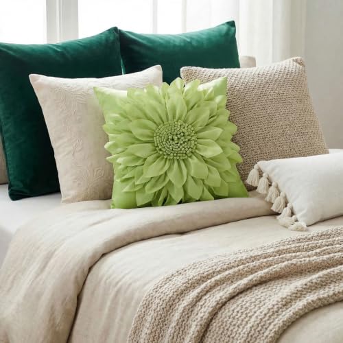 Bella's Giftshop 3D Sunflower Decorative Throw Pillow Covers for Bed Sofa Couch Chair, Accent Floral Taffeta Cushion Cover, Handmade Pillow Cases Living Room Decor, 17x17 Inch-Green/Sage - color: Green