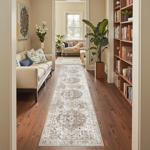 jinchan Runner Rug 2x10 Washable Hallway Rug Vintage Traditional Floor Cover Thin Taupe Multi Distressed Floral Indoor Mat for Kitchen Bathroom Bedroom Living Room - color: Medallion Taupe Multi, size: 2' x 10' (Runner)