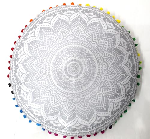 Round Mandala Floor Pillow Cover Seating Cushion Throw Cover Hippie Decorative Bohemian Ottoman Pouf Cover, Pom Pom Pillow Cases,Boho Indian 32 Inches Silver - color: Silver, size: 32" Round