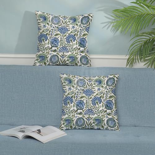 Boho Navy Blue Pillow Covers 16x16 Inch 2 Pcs Sage Green Vintage Floral Decor Throw Pillows Spring Flower Summer Outdoor Farmhouse Decoration Pillowcase Cushion Cover for Couch Sofa Bed - color: Boho Navy Blue Green Floral, size: 16" x 16" (Pack of 2)
