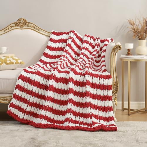 Amélie Home Chunky Knit Throw Blanket for Couch, Soft Chenille Handmade Crochet Throw Rope Knot Blanket for Couch, 50"x60",Red White Stripe - color: Red White Stripe, size: 50"x60"