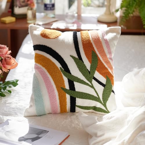 Bohu Farmhouse Colorful Rainbow Throw Pillow Covers 18x18, Textured Mid Century Tufted Abstract Pillowcase for Couch Sofa Bedroom Living Room,1PC - color: Black,yellow,green
