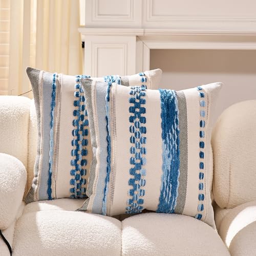 Boho Throw Pillow Covers 18x18 Inch Chenille Striped Textured Pillow Cover Farmhouse Decoration Striped Square Pillowcase for Couch Bed Sofa Bedroom Living Room,Blue(Pack of 2) - color: White-blue Stripe Pack of 2, size: 18" x 18" (Pack of 2)