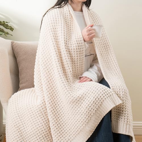 Bunnikins & Clover Cream White Throw Blanket for Couch, Waffle Ivory Throw Blanket for Bed, Warm Decorative White Blanket Throw for Home Decor, 50"x60" - color: Cream, size: 50"x60"