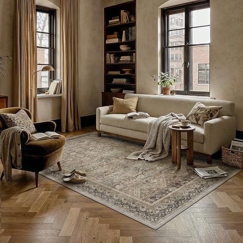 HUGEAR 5x7 Area Rugs Retro Brown Washable Rug for Living Room Vintage Boho Bedroom Rug No Shedding Soft Durable Low Pile Carpet Non Slip Indoor Home Decor Floor Mat - color: Taupe Brown, size: 5' x 7' (Rectangular)