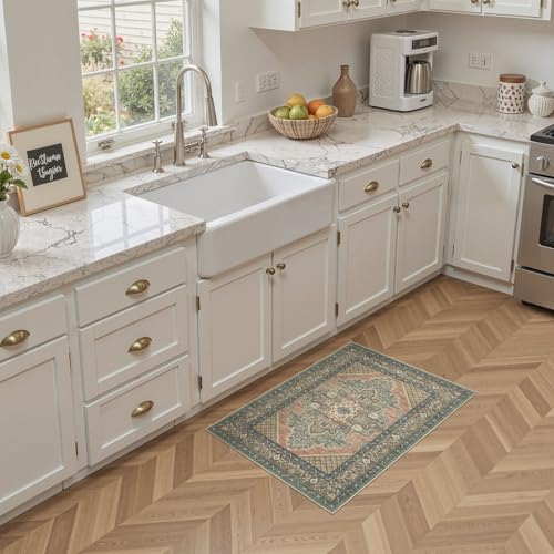 Tortania Area Rug 2x3 Doormat - Washable Vintage Oriental Farmhouse Soft Thin Indoor Carpet for Living Room Bedroom Hallway Entryway Kitchen - Sage Terracotta - color: Sage Terracotta, size: 2' x 3' (Rectangular)