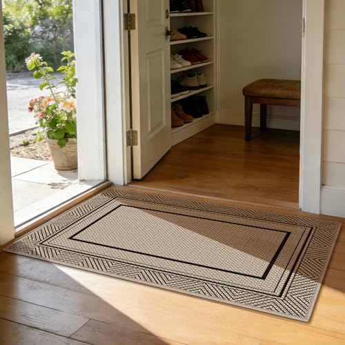 Capslpad 2x3 Easy Jute Outdoor Mat,Washable Front Door Geometry Line Mat,Farmhouse Non-Slip Indoor Door Mat, Stain Resistant Low Pile Entryway Rug for Entryway, Kitchen, Bedroom, Laundry, Black - color: Black, size: 2' x 3' (Rectangular)